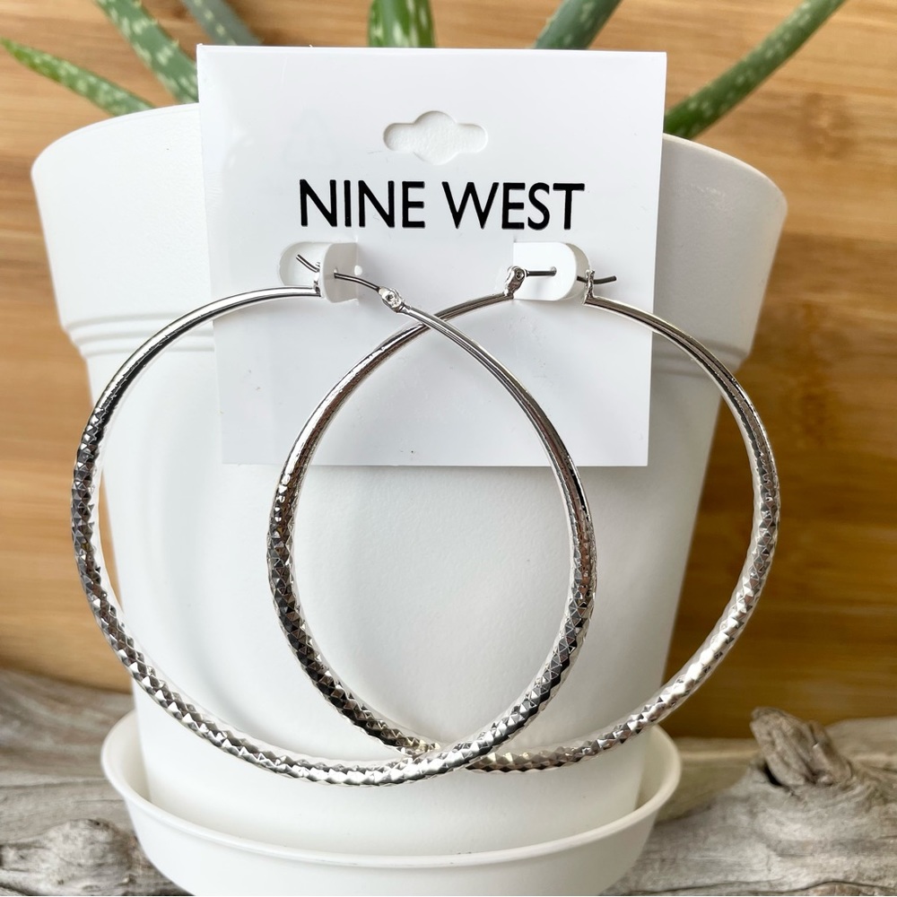 NWT NINE WEST large, oversized, silver hoop earrings - Picture 2 of 4